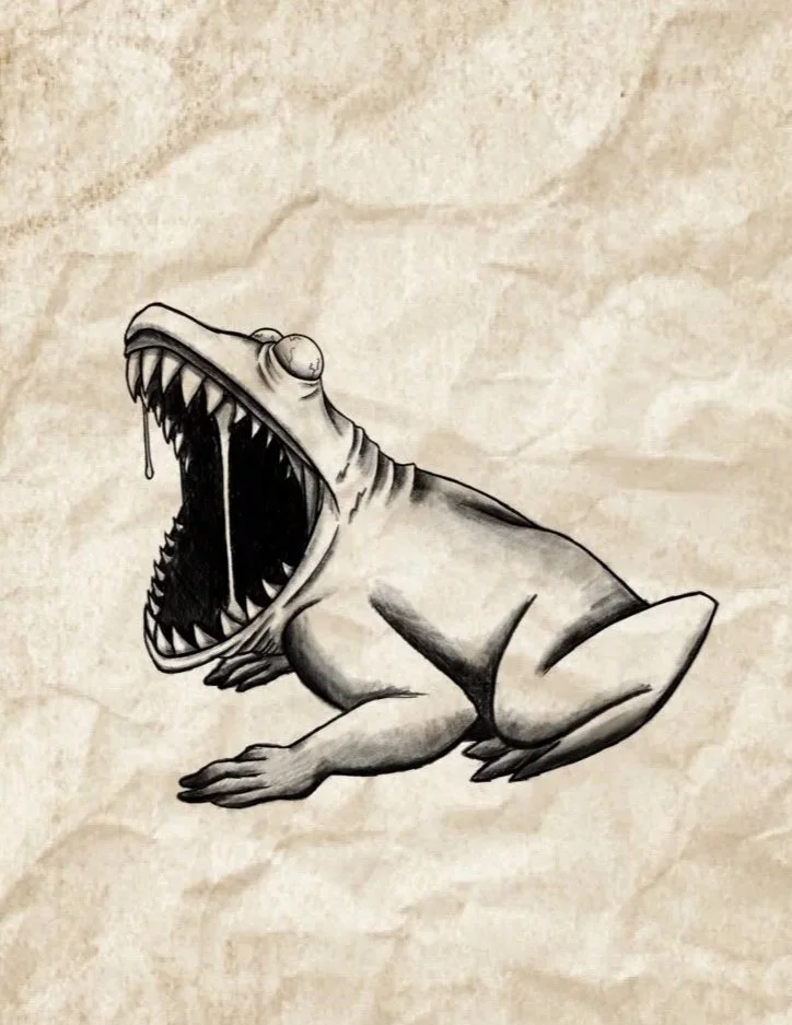 A black and white drawing of a bizarre creature with the body of a frog and the head of a dinosaur with sharp teeth, all on a textured beige background.