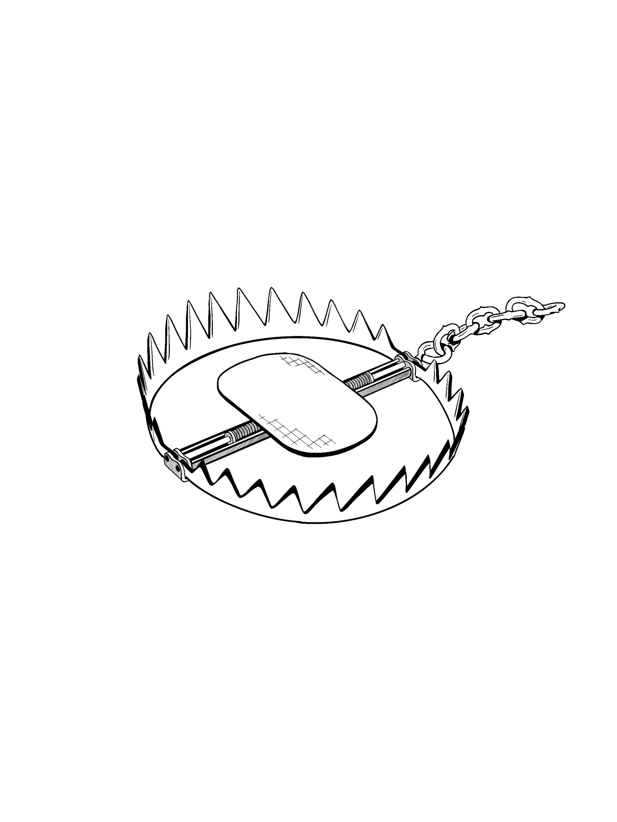 A bear trap with a metal chain attached.