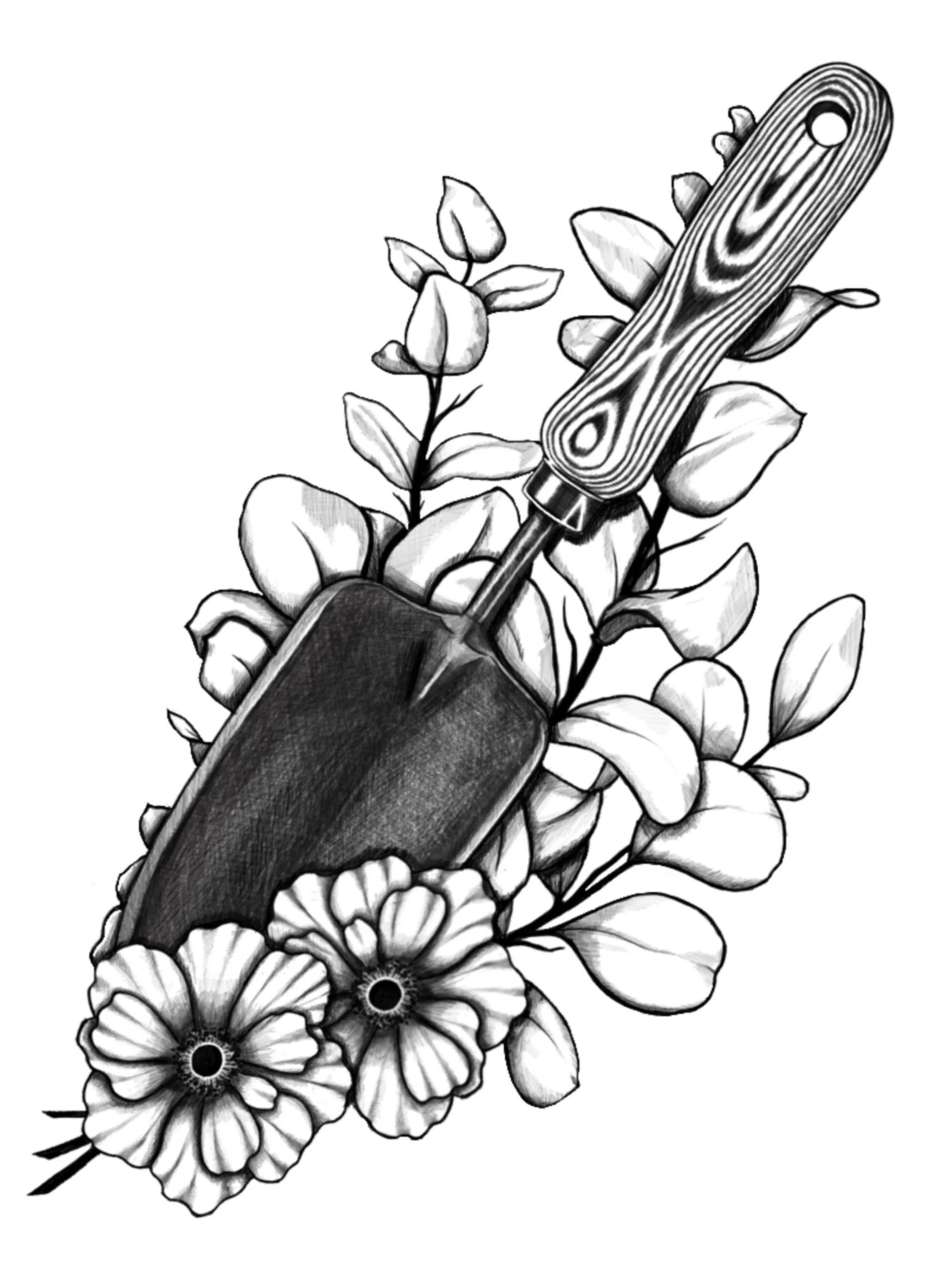 Black and white illustration of a gardening trowel surrounded by flowers and leaves, with a knife embedded in the soil.