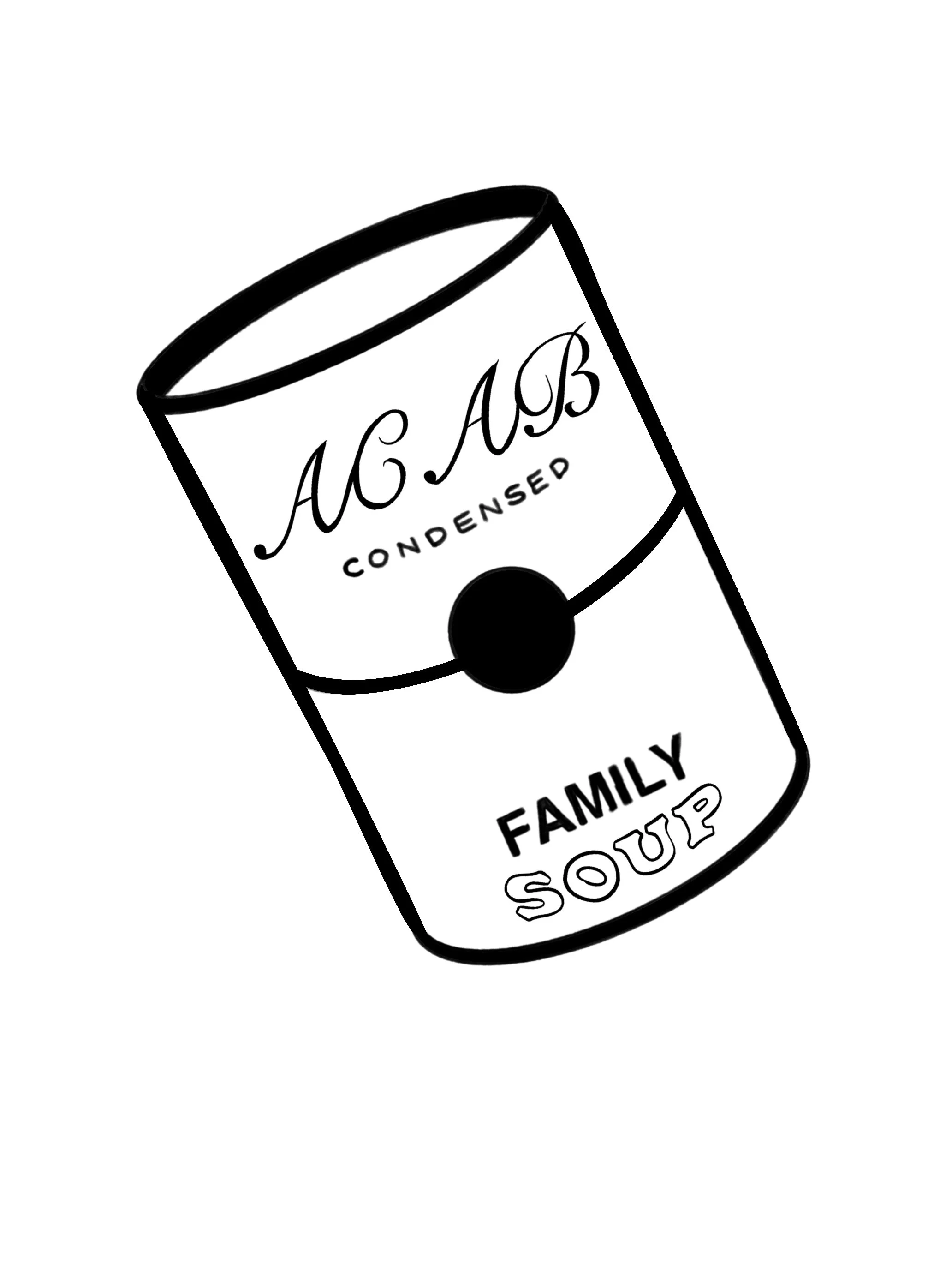 A black and white illustration of a canned soup labeled 'AC AB Condensed Family Soup' with a pull tab on the lid.