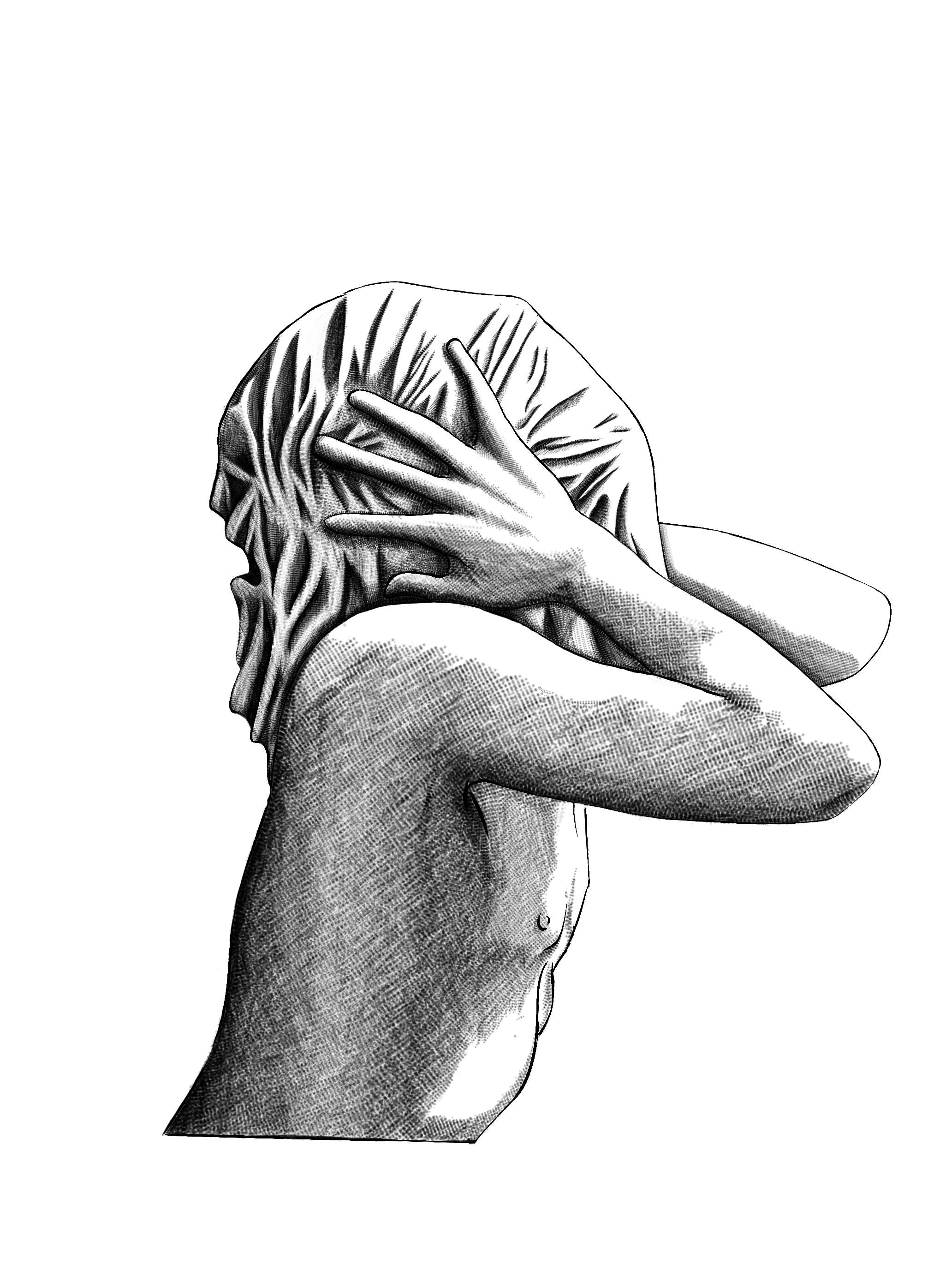 Black and white drawing of a person with long hair covering their face, holding their head with one hand, and their body turned to the side.
