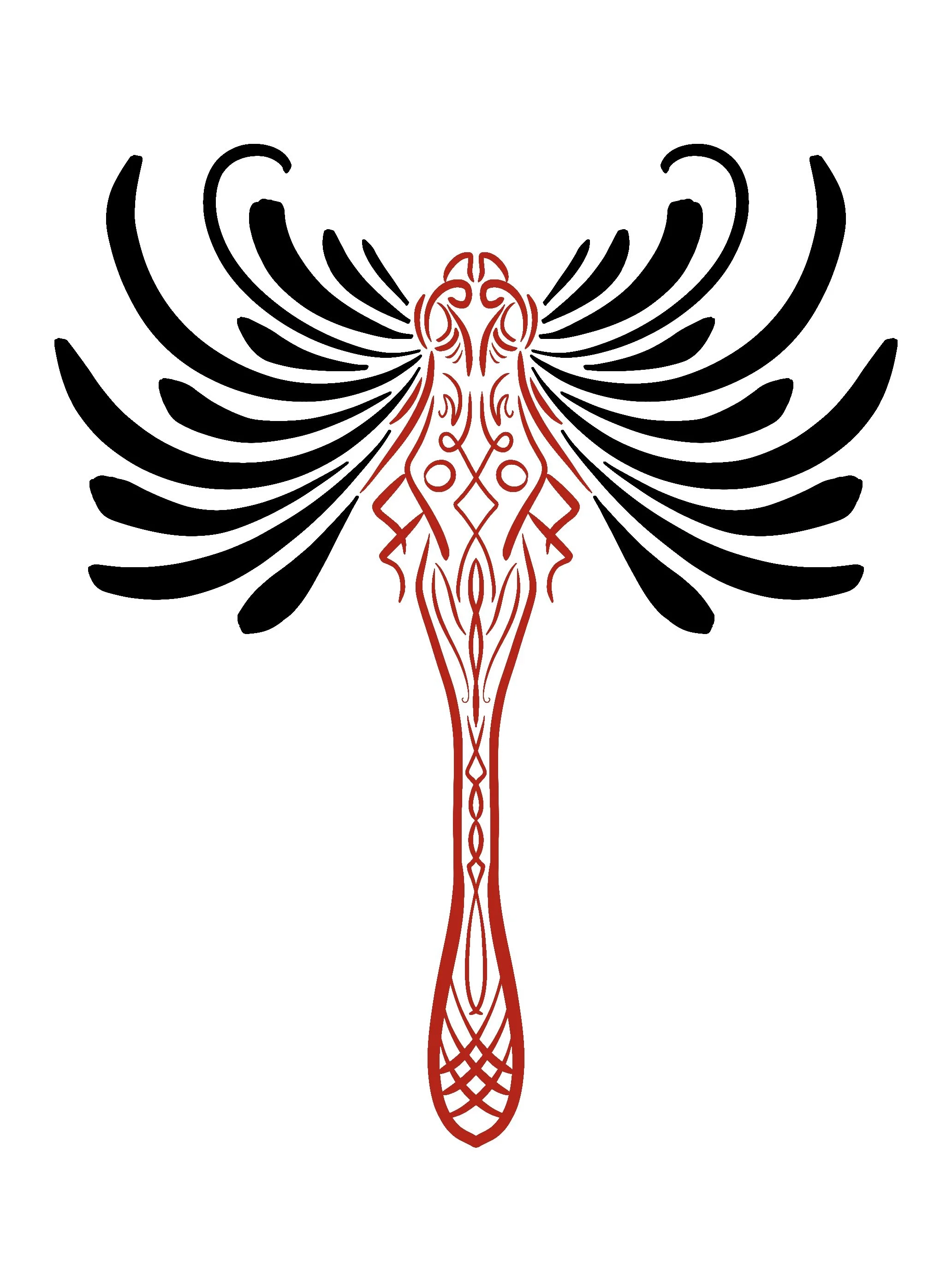 A tribal-style tattoo design featuring a stylized fly with black wings and a red elongated body.