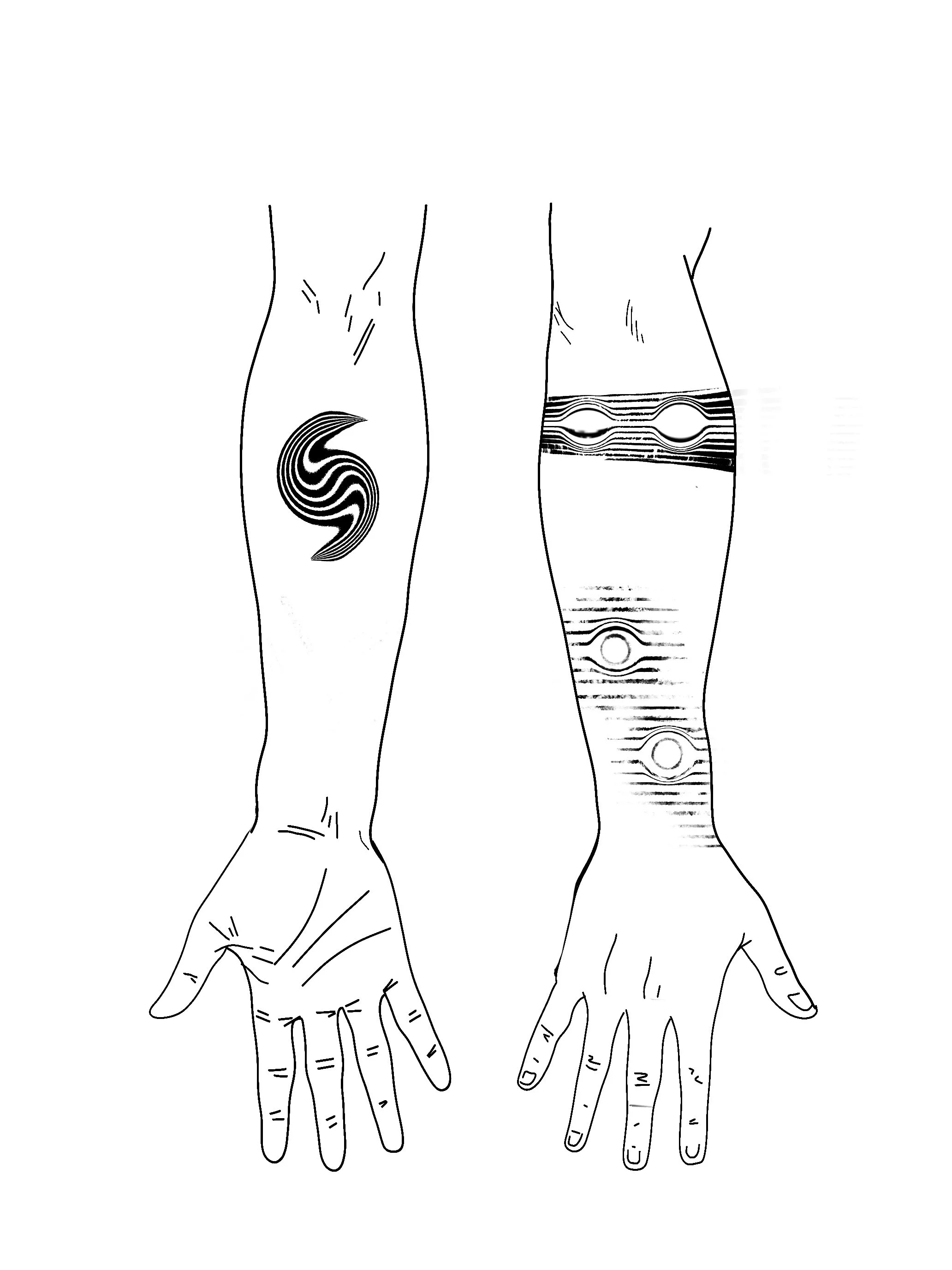 Line drawing of two human arms and hands, with patterns and designs on the forearms, one with concentric circle patterns and the other with horizontal lines and circular motifs.
