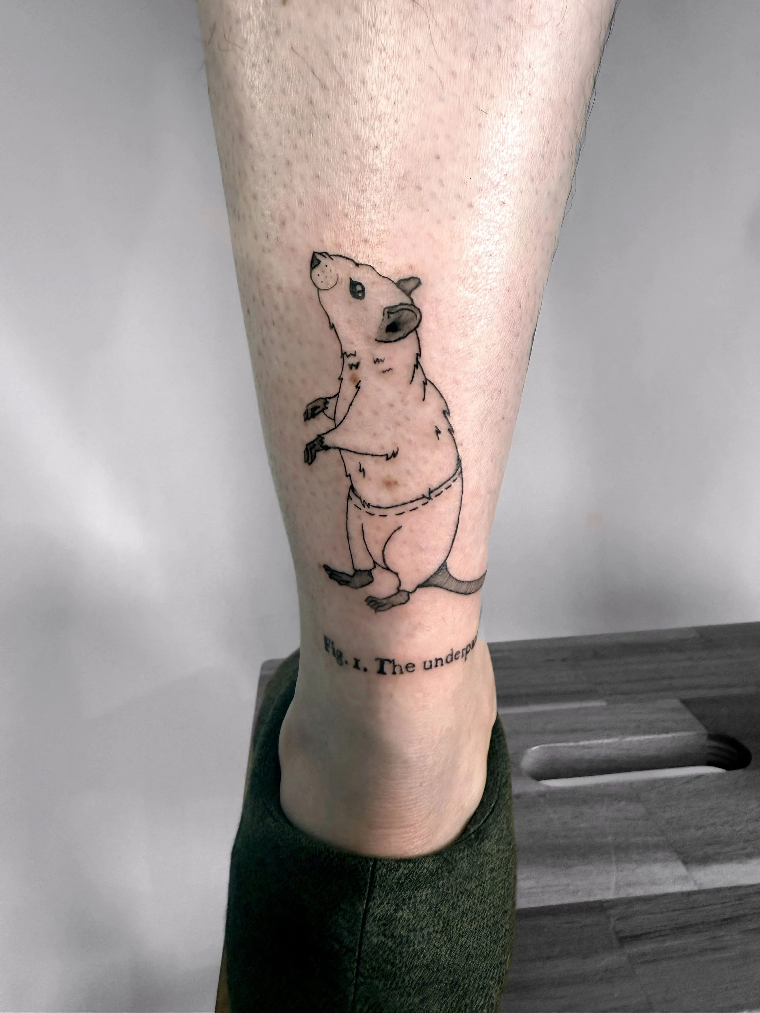 Tattoo of a cartoon guinea pig standing on its hind legs, with the caption "Fig. 1. The underp" underneath.