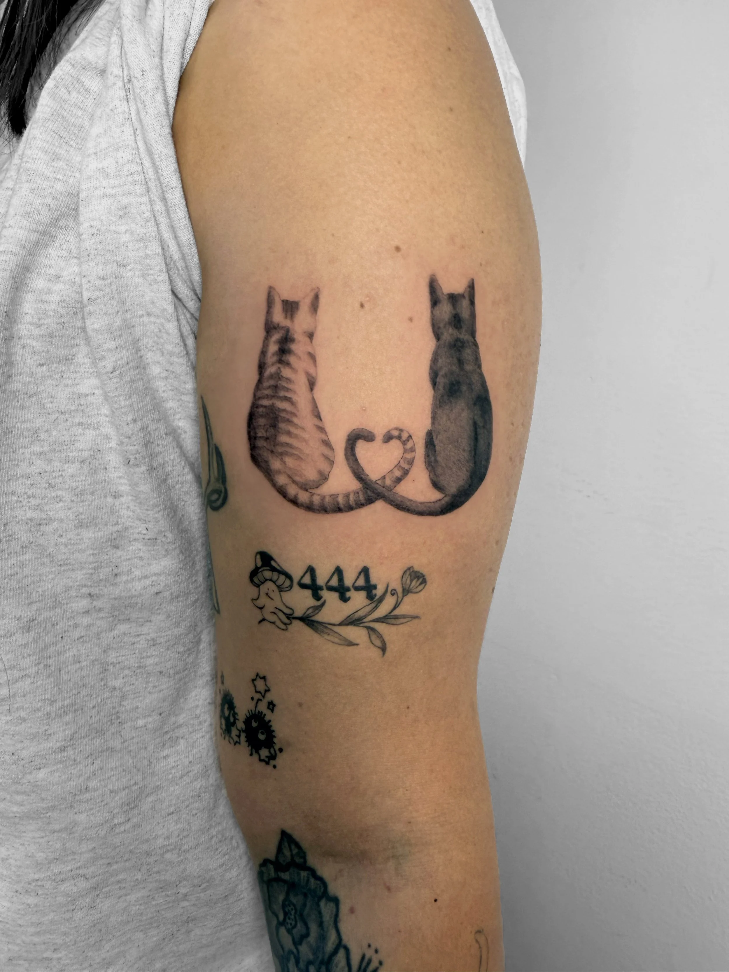 Tattoo of two cats sitting back to back with intertwined tails forming a heart on upper arm, along with a string of symbols and smaller tattoos below.
