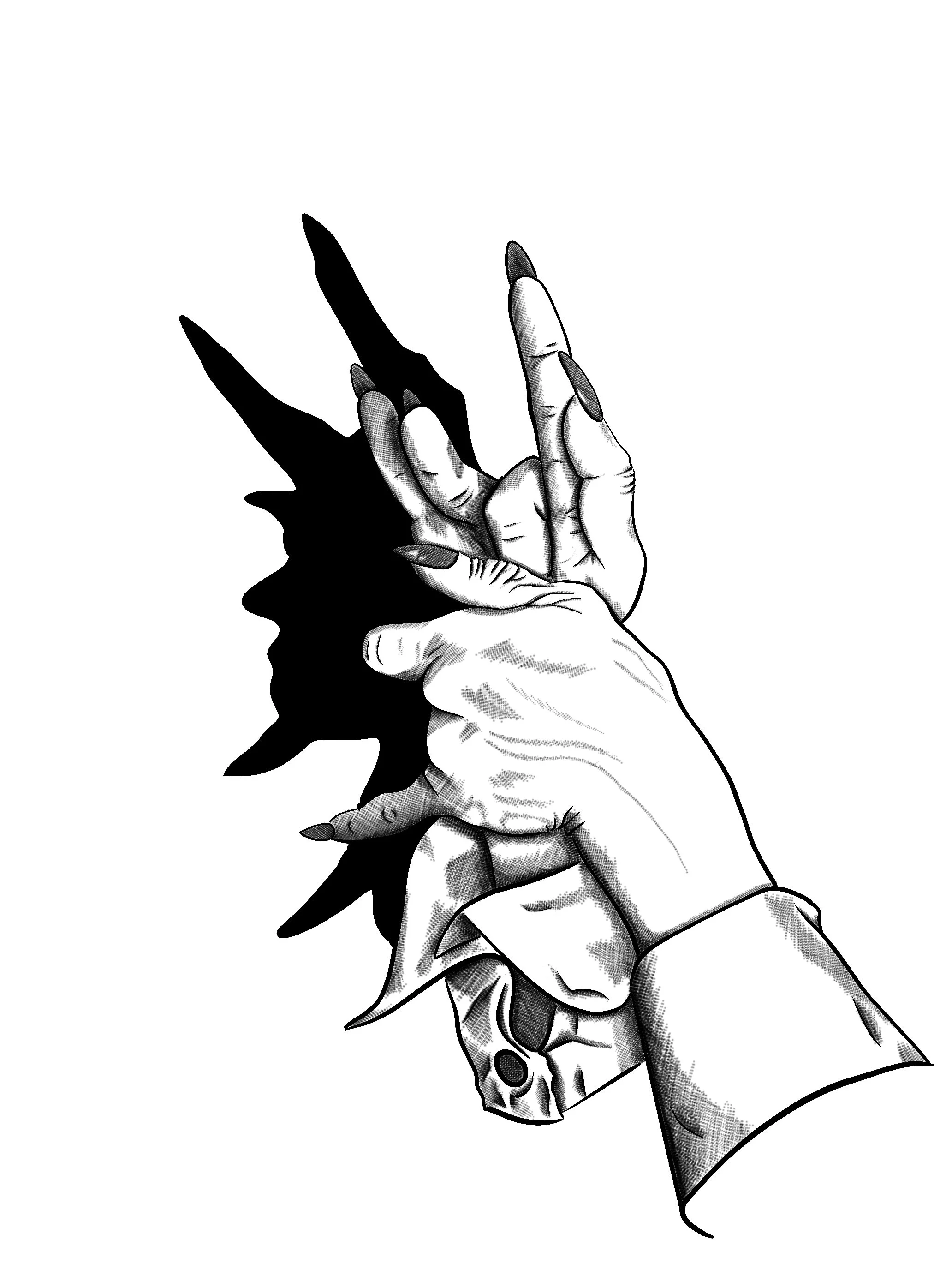 Black and white illustration of two hands forming the American Sign Language sign for 'I Love You', with a shadow cast against a white background.
