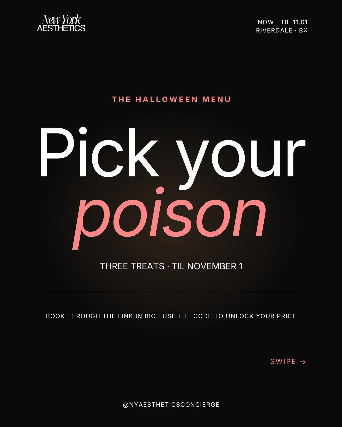 Pick your poison. 🦇 Our Halloween menu is here, and it&rsquo;s only around until November 1.

01 &middot; Vampire Facial: $375 (reg. $500)
Microneedling + PRP for smoother texture, smaller looking pores and a real glow.
Code: BOO

02 &middot; Upper 