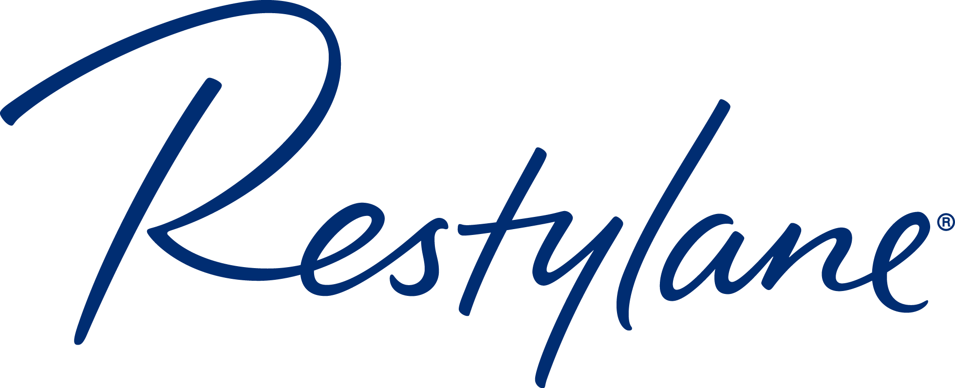 Restylane logo in dark blue cursive font on a white background.