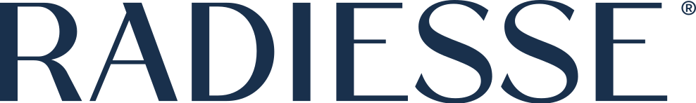 Close-up of the Radiesse logo on a dark background.
