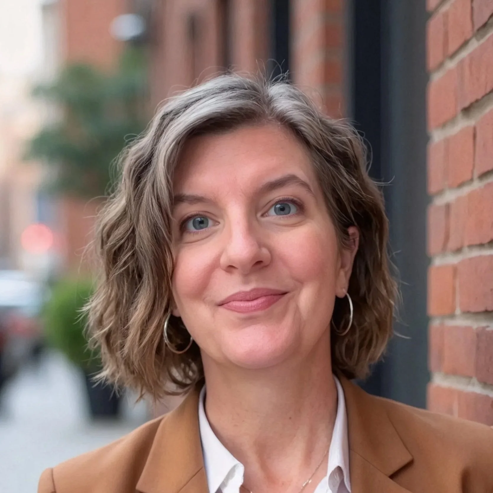 A headshot of Lynn Ellis, founder of SkillWorks AI. She is standing outside next to a brck wall and wearing a brown blazer and white blouse.