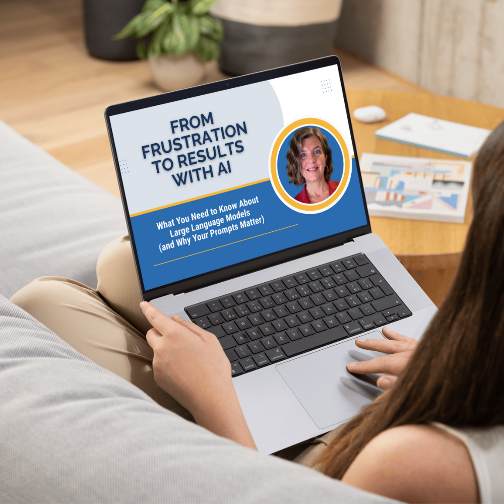 Laptop displaying the title slide for the on-demand training “From Frustration to Results with AI.”