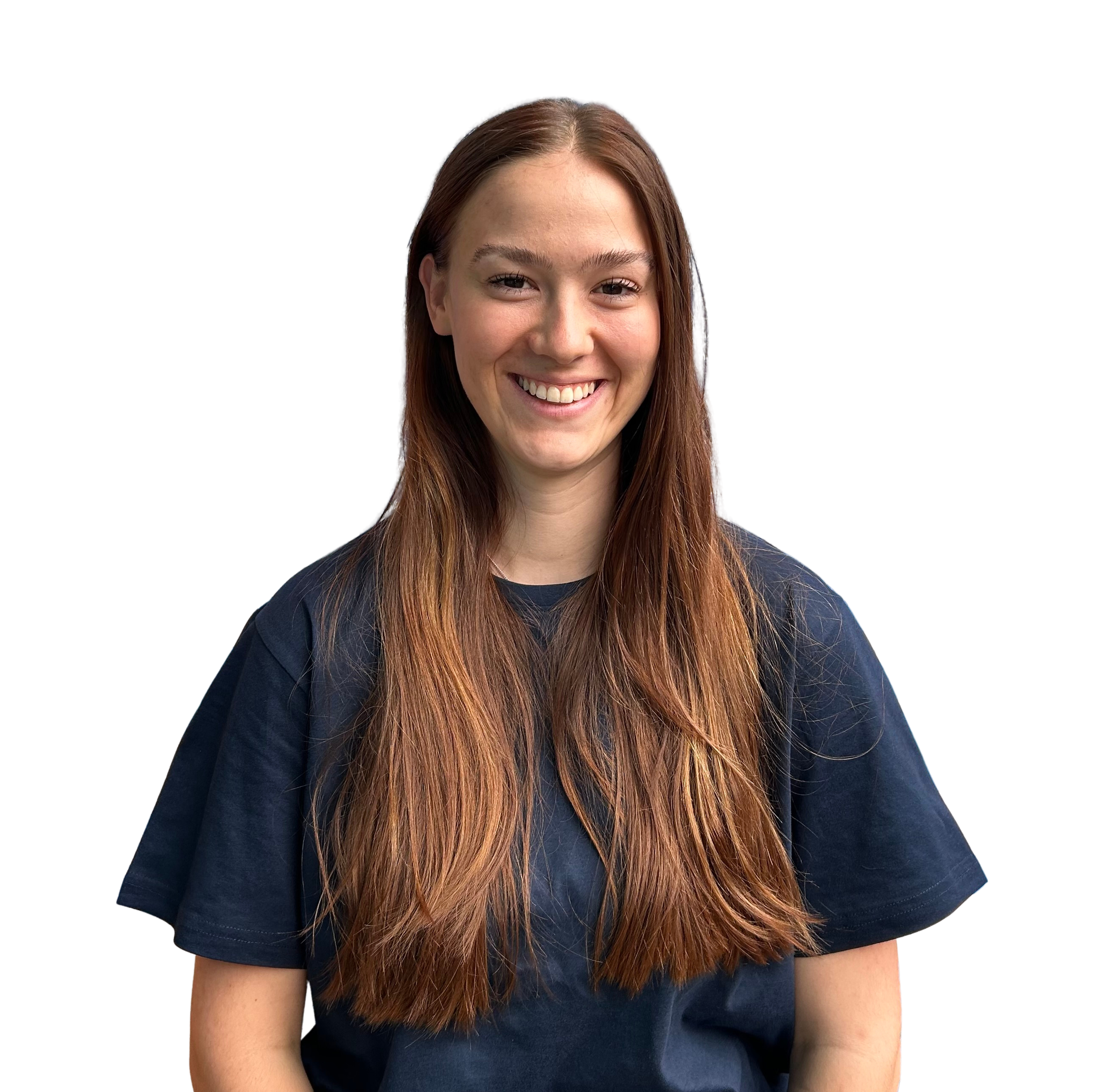 Maggie wears glasses, long brown hair, wearing a navy blue shirt with a logo that says Food Filled.
