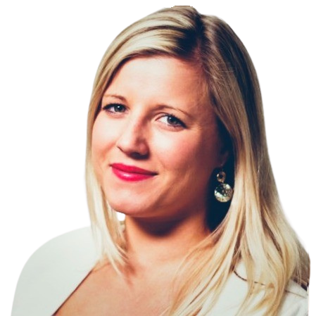 Close-up of a blonde woman with a slight smile, wearing earrings and a white top, against a black background.