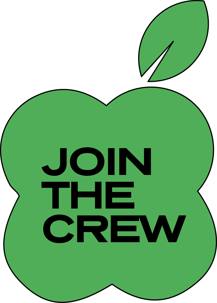 Green apple-shaped logo with black text 'JOIN THE CREW' and a green leaf at the top.