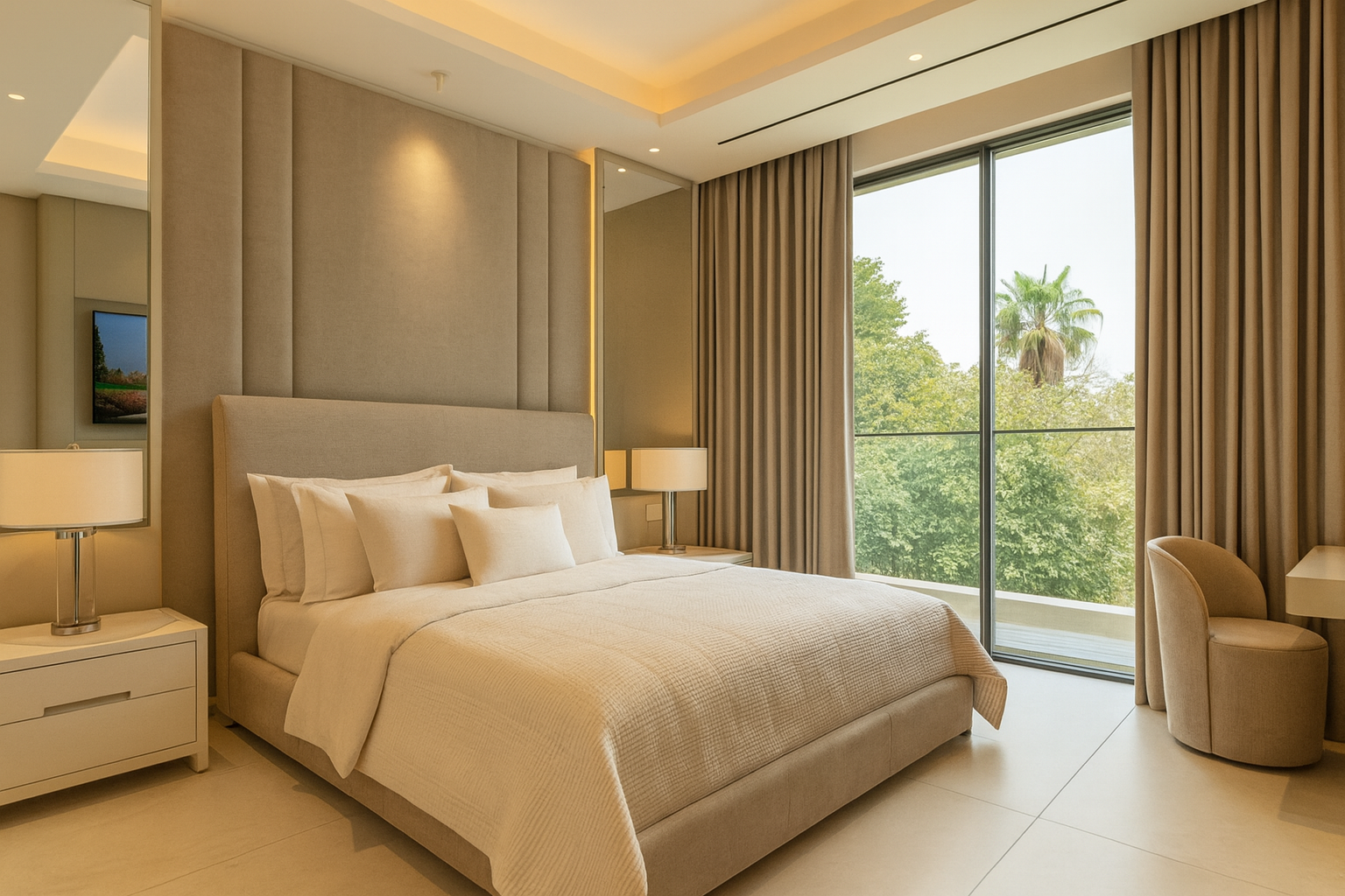 Luxury master bedroom featuring soft neutral tones, upholstered headboard, and tailored lighting design in a residential interior by ReArt.