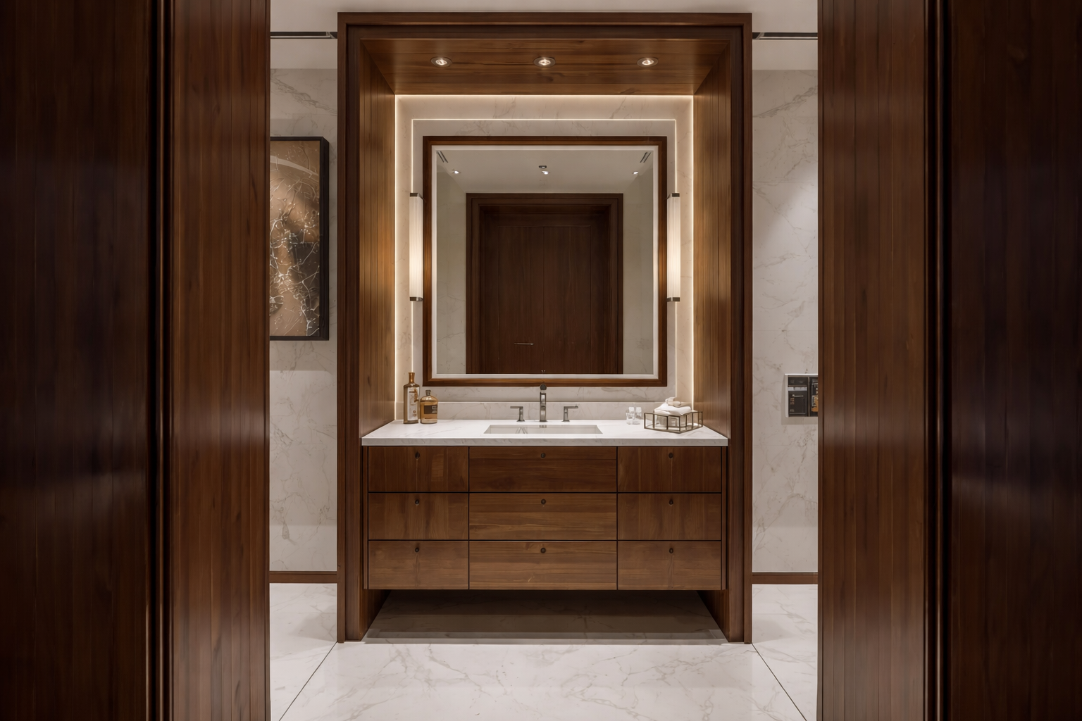 Modern bathroom vanity featuring custom wood millwork, integrated lighting, marble surfaces, and a clean, architectural composition.