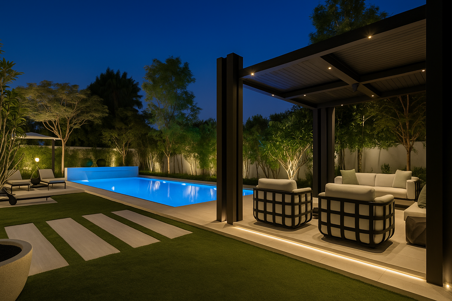 Modern covered outdoor living area overlooking a luxury swimming pool with ambient lighting and contemporary furniture designed by ReArt.