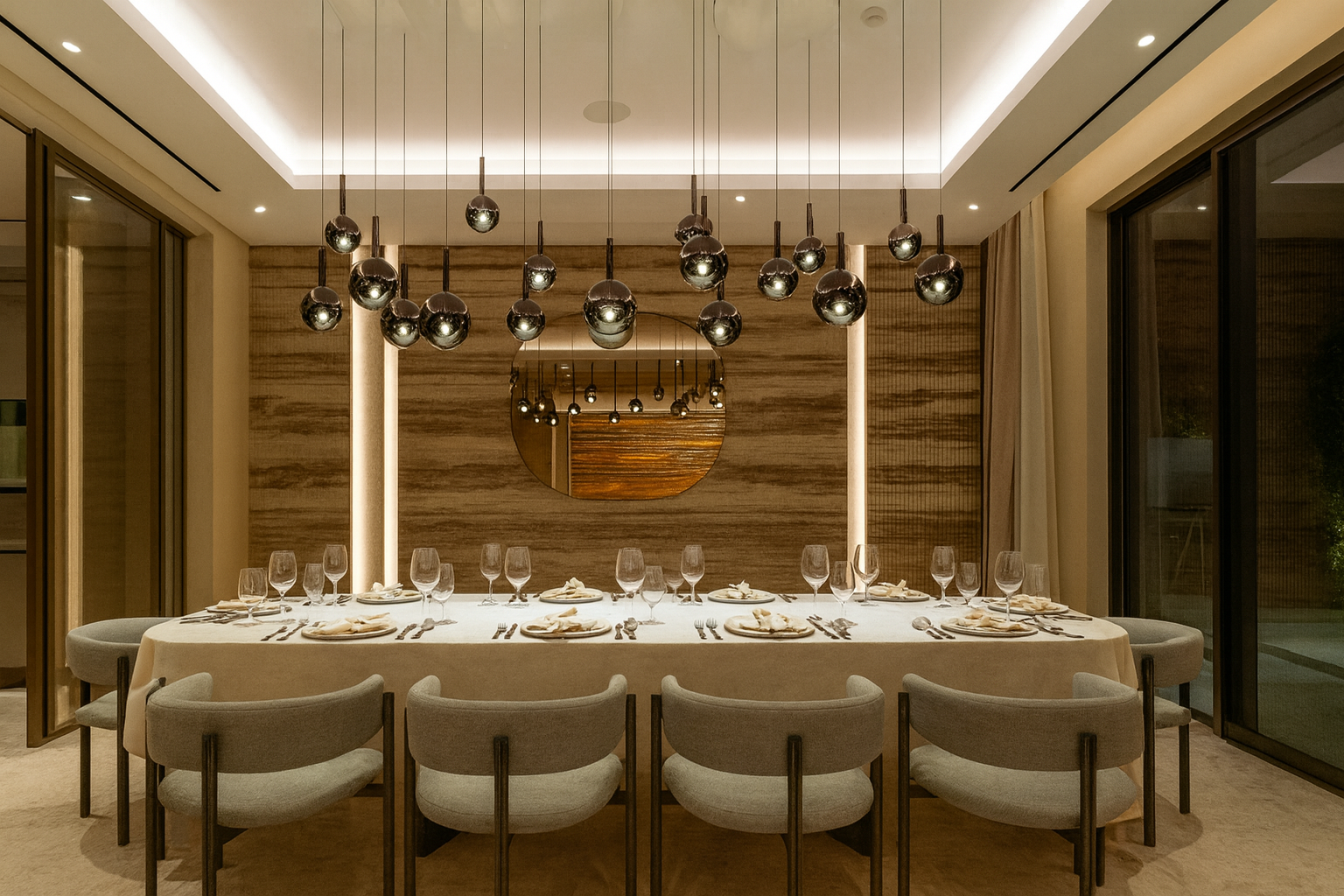Luxury residential dining room with sculptural pendant lighting, custom wall finishes, and refined table setting designed by ReArt.