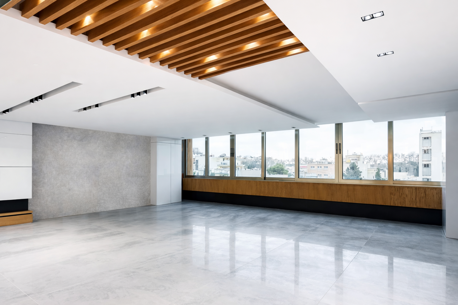 Modern residential open living area with expansive windows, wood ceiling details, and minimalist interior architecture designed by ReArt.