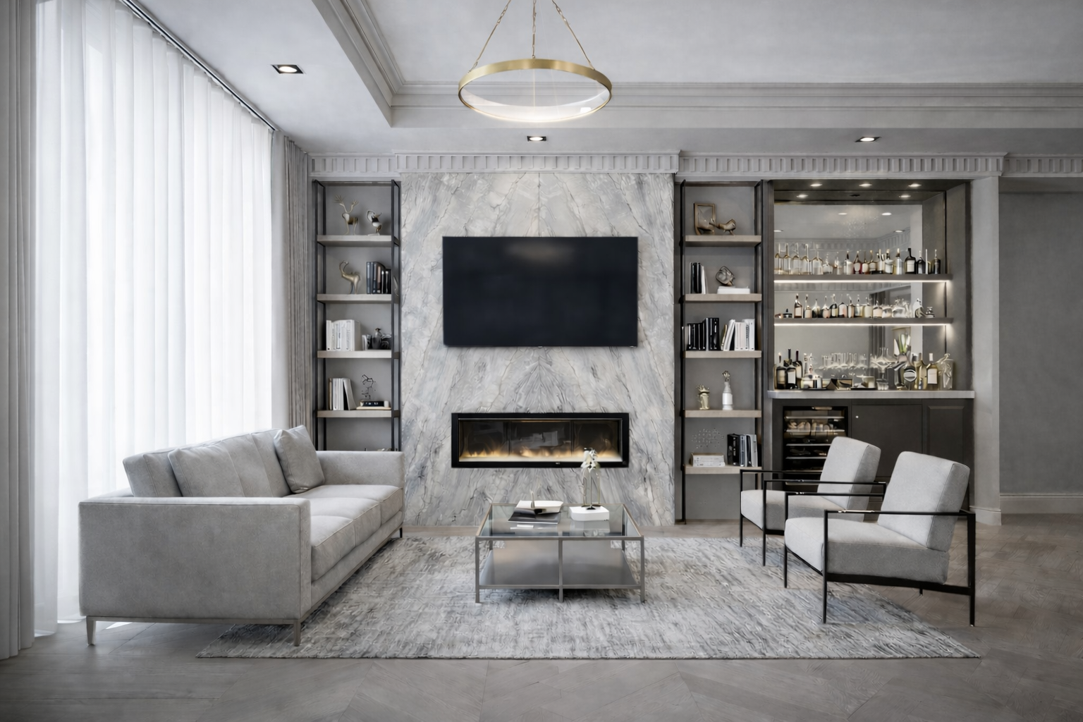 Luxury residential living space featuring a marble fireplace, built-in shelving, integrated bar, and modern furnishings designed by ReArt.
