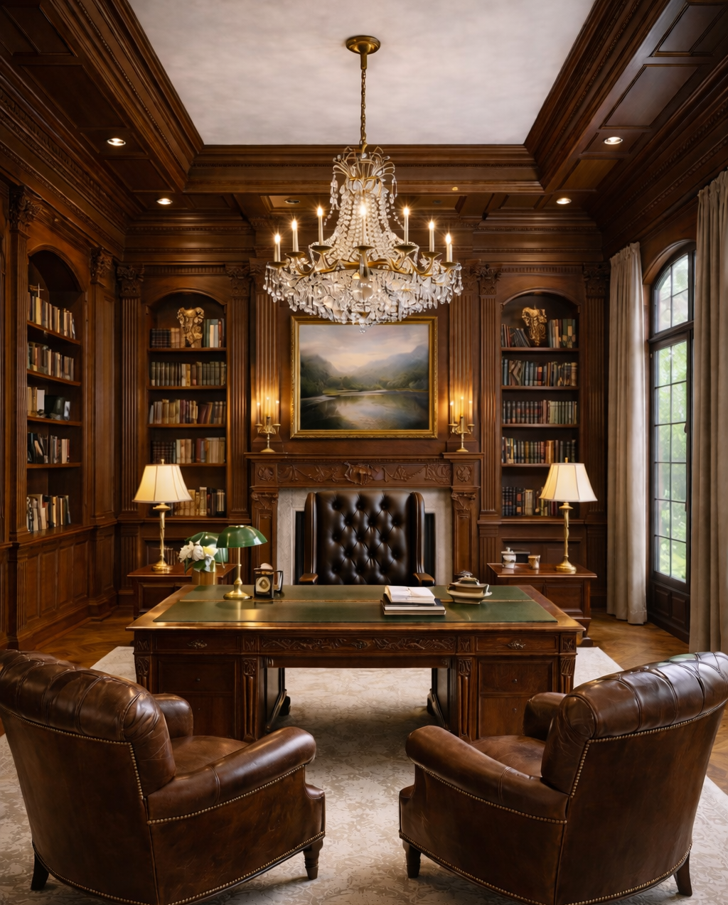 Luxury classic library and study featuring dark wood millwork, fireplace, leather armchairs, built-in bookcases, and an elegant chandelier in a refined interior.