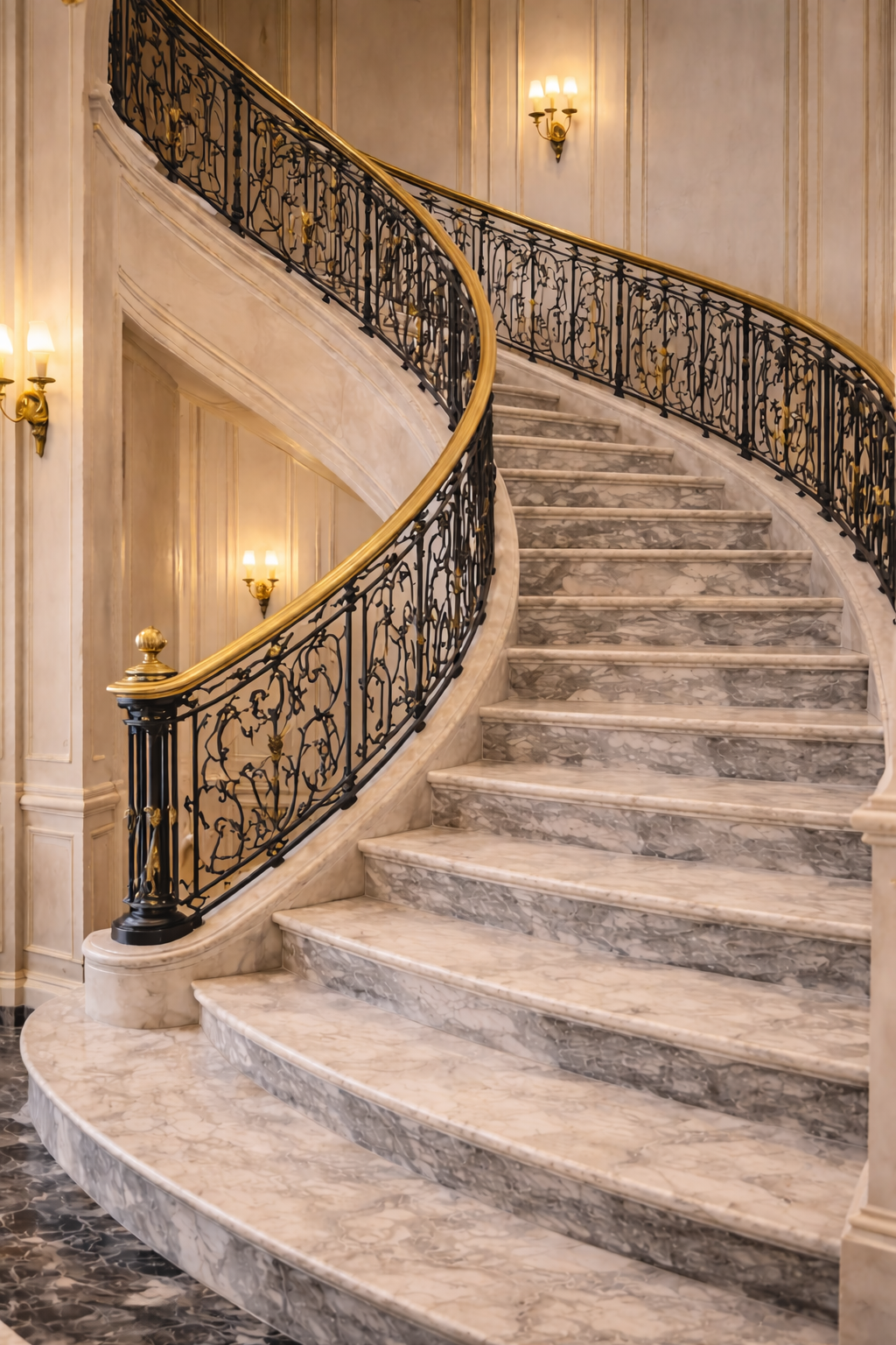 Elegant curved marble staircase with decorative wrought iron railing, gold accents, and classical wall paneling in a grand luxury interior.