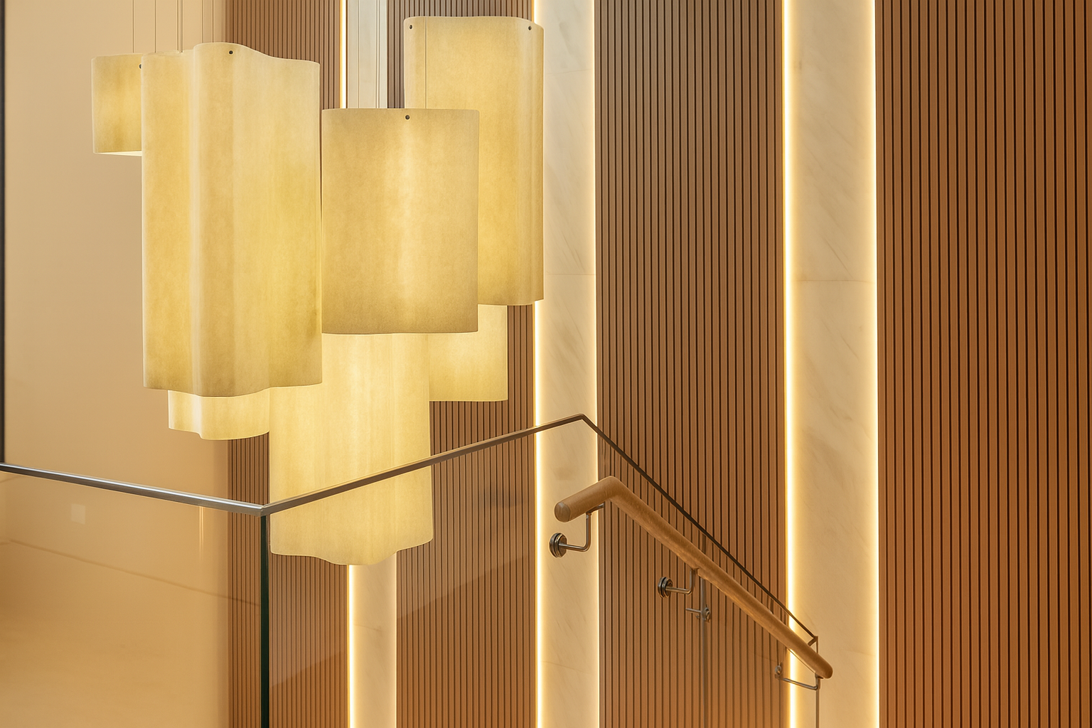 Luxury residential staircase featuring custom pendant lighting, vertical wood detailing, and architectural illumination by ReArt.