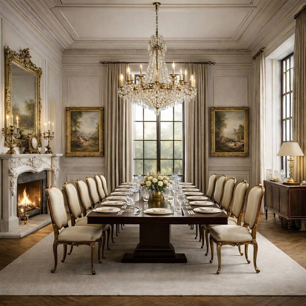 Luxury formal dining room featuring a long dining table, upholstered chairs, crystal chandelier, classic fireplace, and refined architectural detailing.