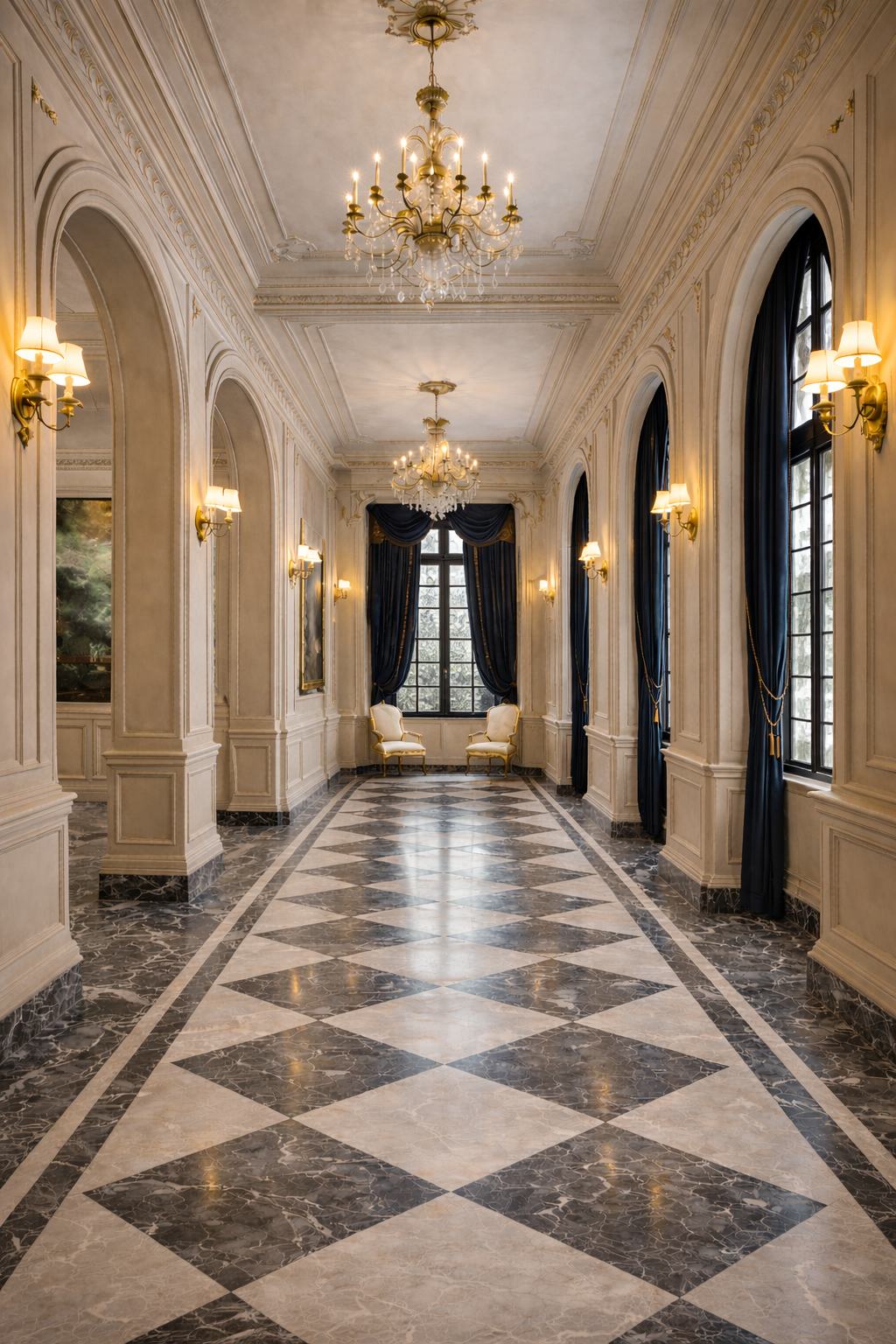 Grand classical hallway featuring arched openings, marble checkerboard flooring, decorative wall moldings, and elegant chandeliers in a luxury estate interior.
