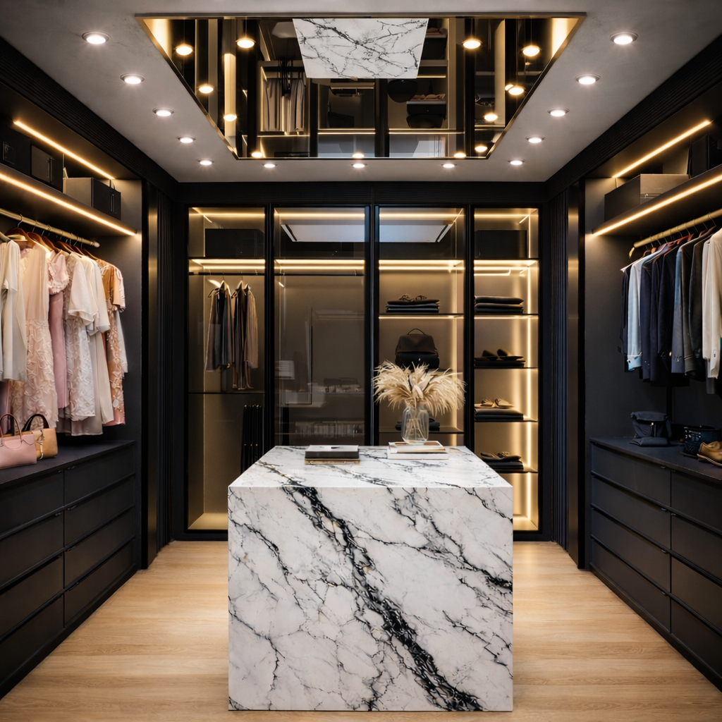 Luxury walk-in closet designed with custom black millwork, integrated lighting, glass-front cabinetry, and a statement marble island.