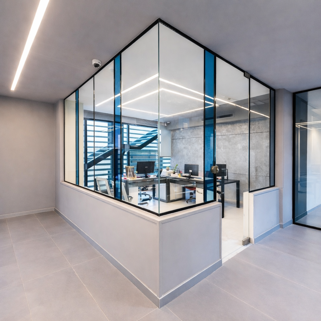 Open office interior showcasing linear ceiling lighting, glass partitions, and a contemporary, light-filled workspace.