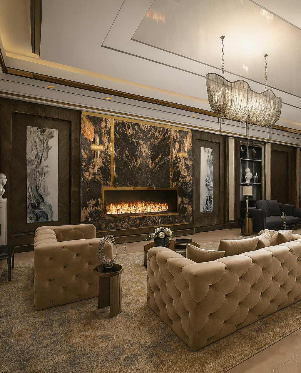 Formal living room with a dramatic marble fireplace, tufted seating, custom wall paneling, and elegant chandelier lighting.