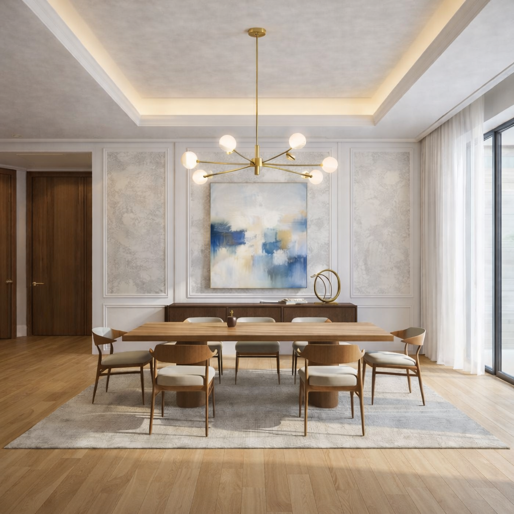 Refined modern dining room showcasing a custom wood table, sculptural chandelier, decorative wall paneling, and soft cove lighting.