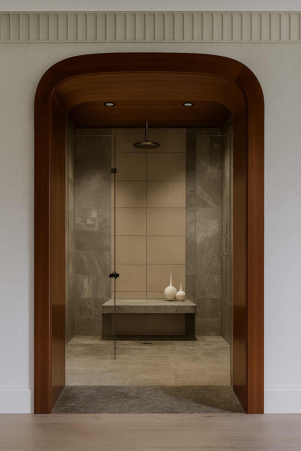 Modern shower featuring an arched wood entry, custom stone tilework, built-in bench seating, and minimalist glass enclosure.