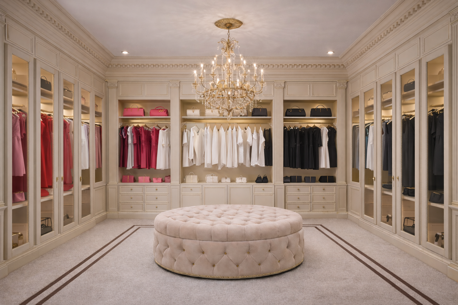 Luxury classic walk-in closet with color-coordinated wardrobes, upholstered round ottoman, bespoke cabinetry, and ornate chandelier lighting.