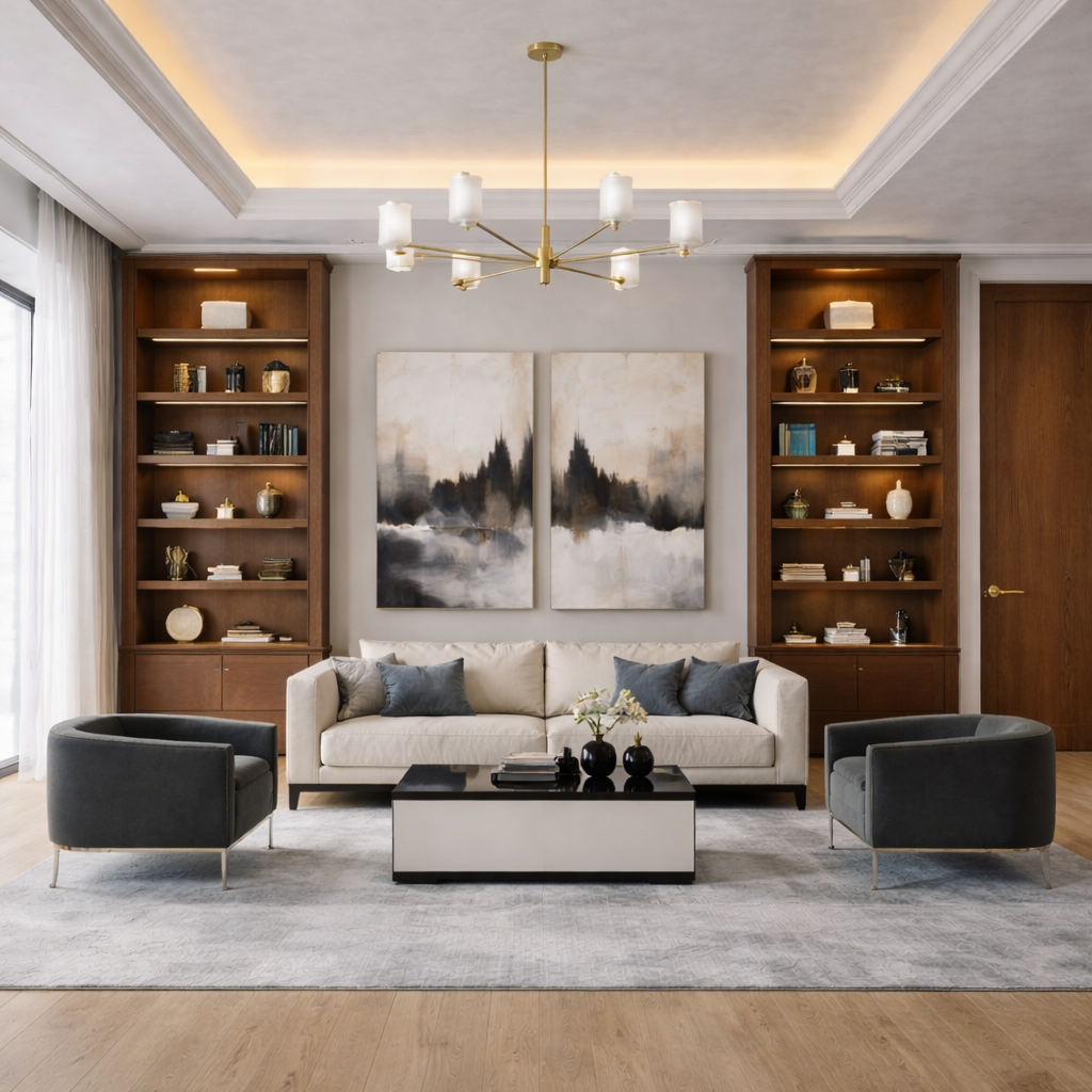 Refined modern living room featuring custom built-in shelving, balanced furniture composition, layered lighting, and warm wood finishes.