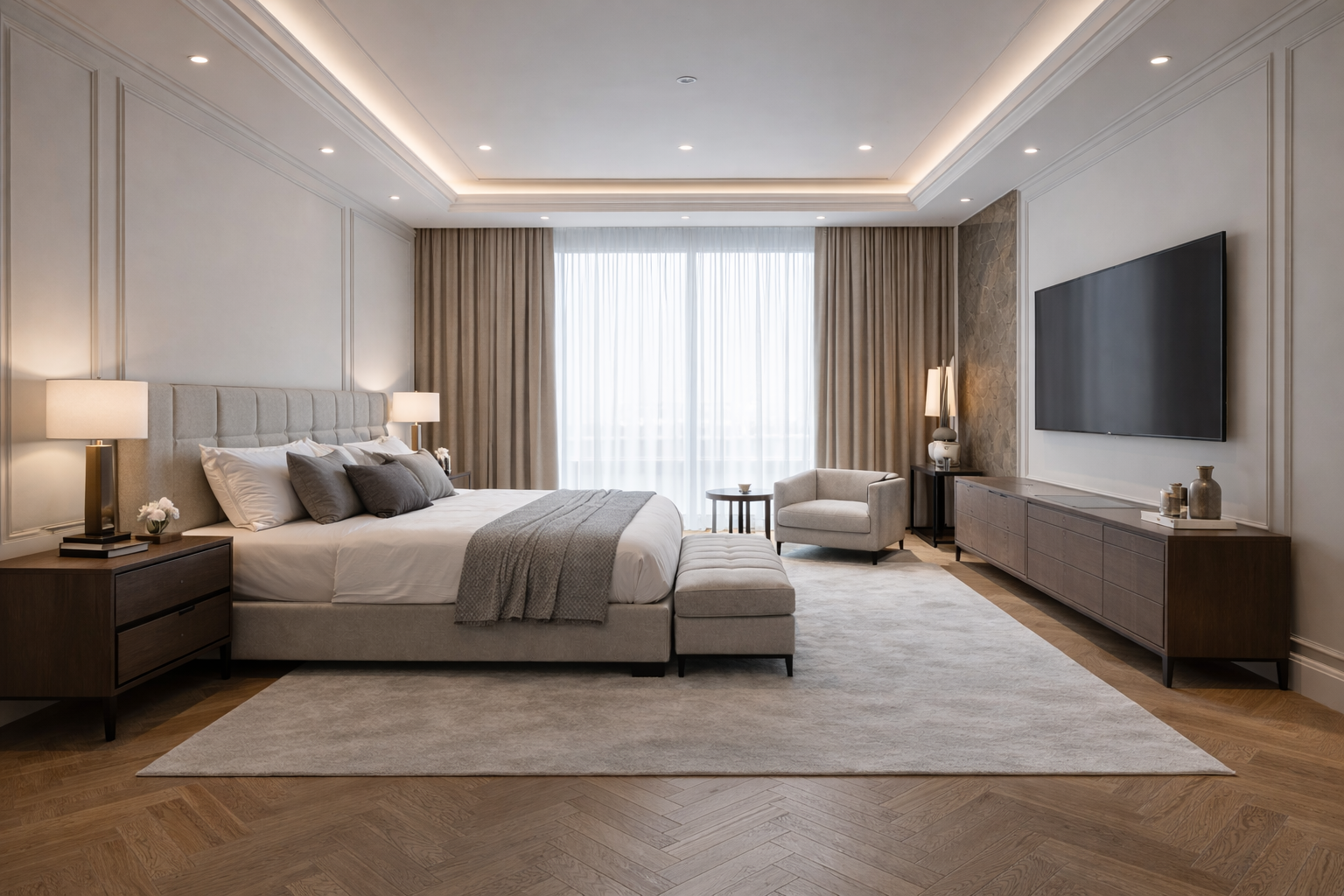Modern primary bedroom with tailored millwork, layered lighting, soft neutral textiles, and a calm, refined residential atmosphere.