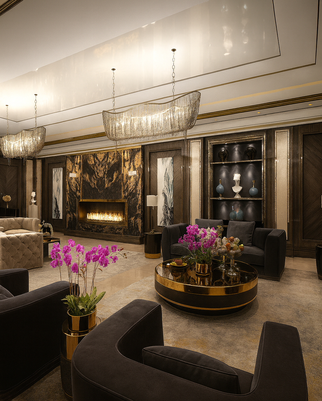 Luxury formal living room showcasing a marble fireplace, layered seating arrangement, custom shelving, and refined decorative accents.