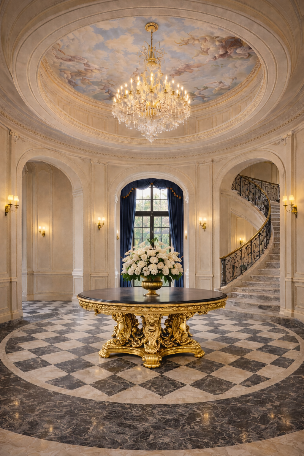 Grand rotunda foyer with hand-painted dome ceiling, ornate chandelier, circular marble flooring, and classical architectural detailing in a luxury mansion.