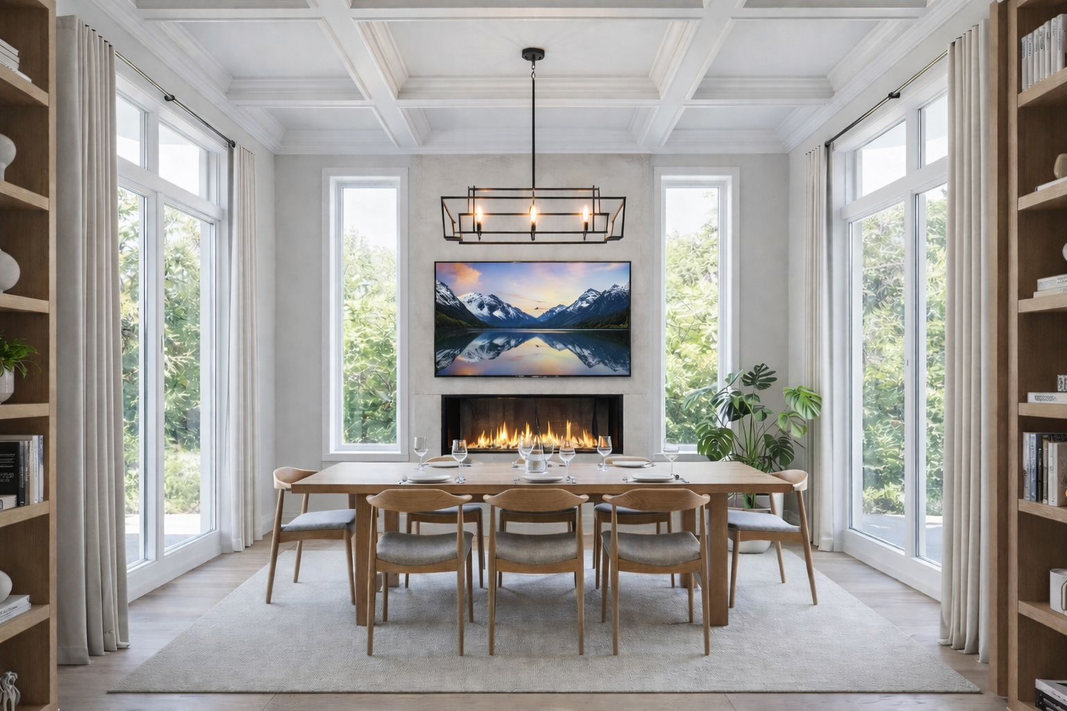 Modern breakfast area with a coffered ceiling, central fireplace, natural wood furnishings, and floor-to-ceiling windows creating a bright, balanced space.