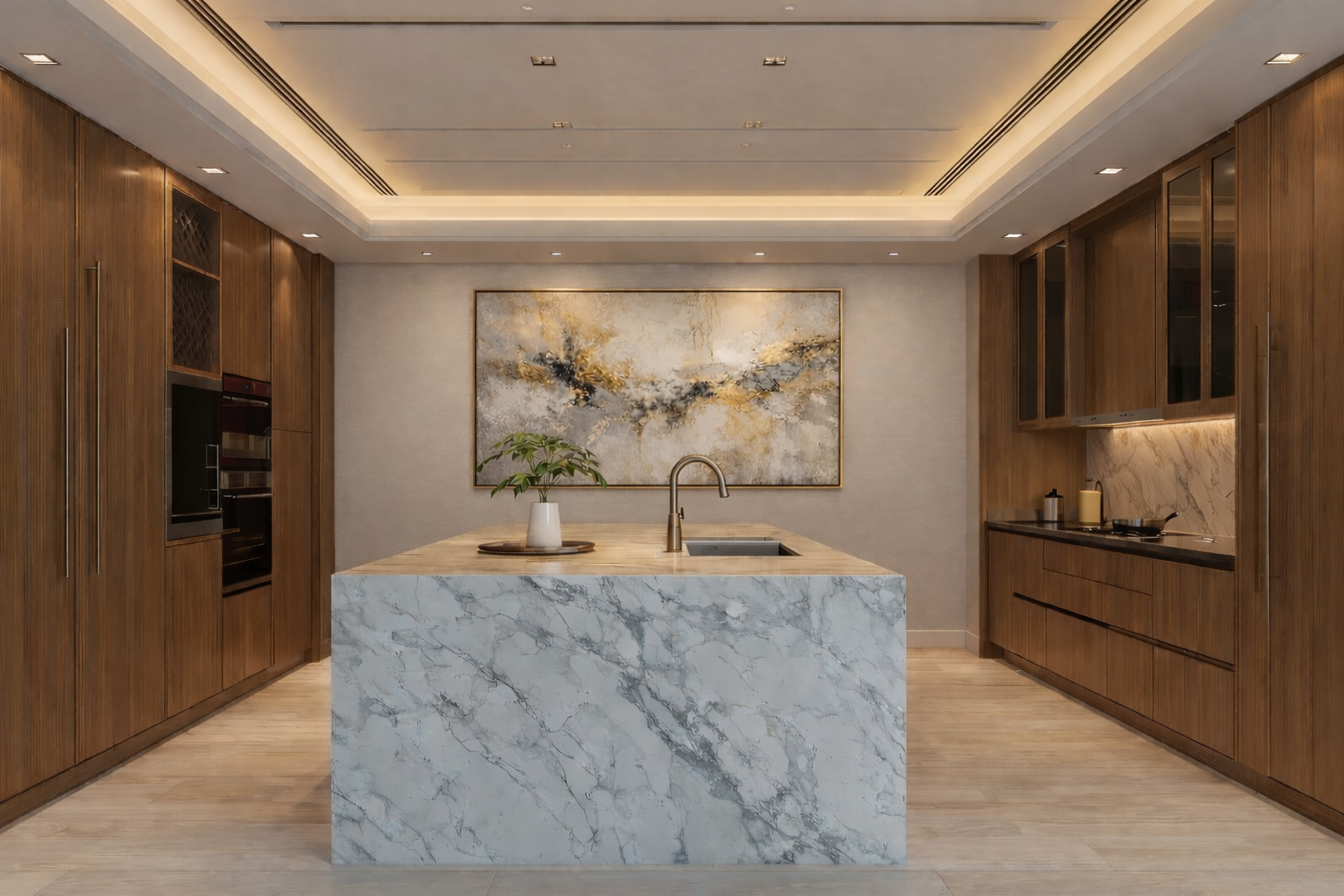 Modern kitchen designed with warm wood cabinetry, a full-height marble island, integrated appliances, and architectural ceiling lighting.