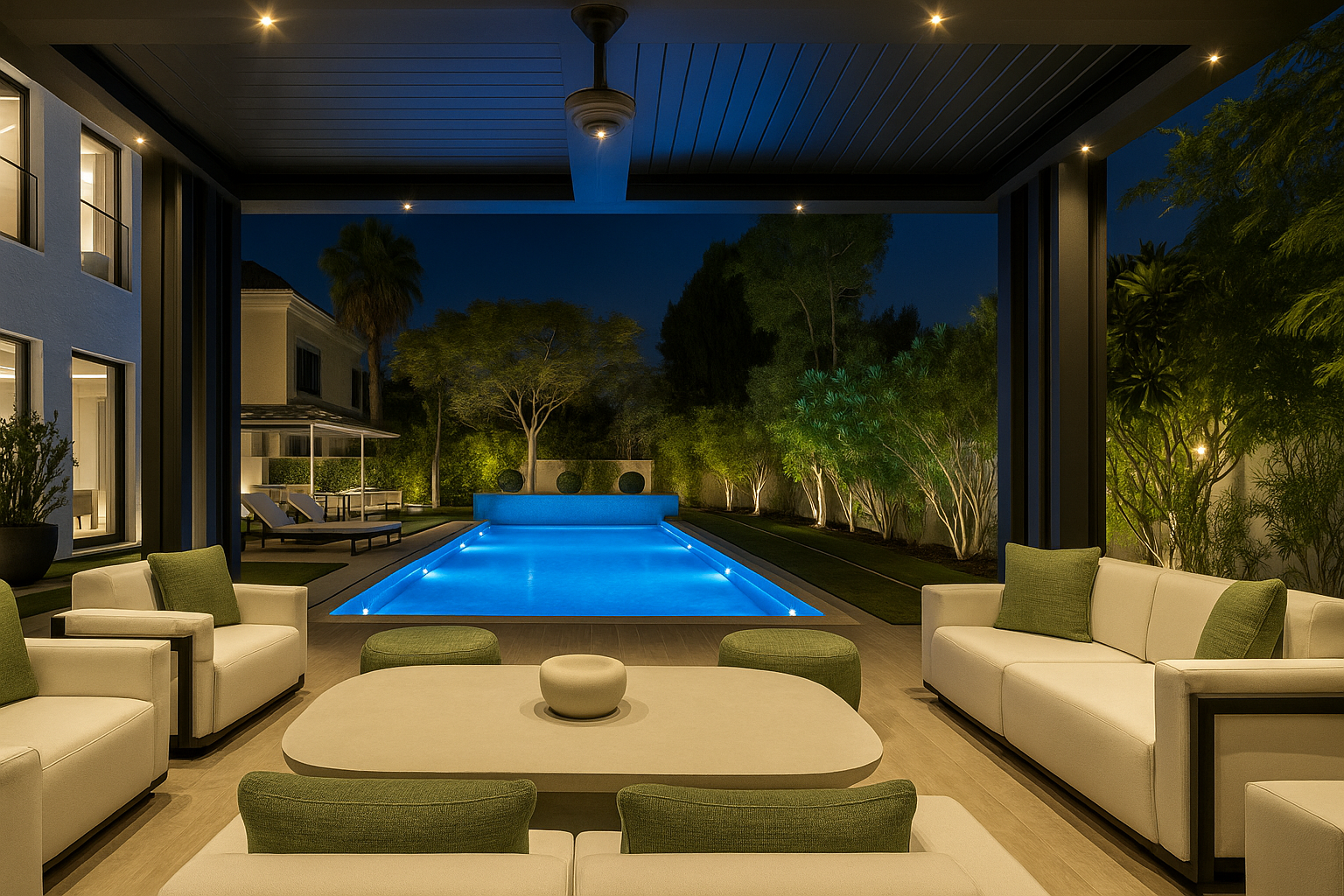 Modern luxury villa exterior featuring clean architecture, private swimming pool, and landscaped outdoor spaces designed by ReArt.