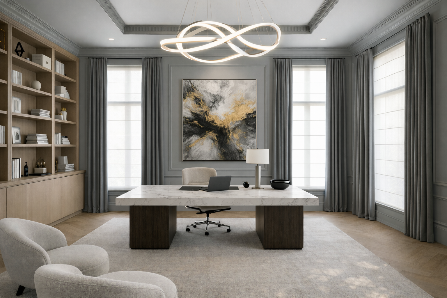 Modern luxury home office featuring a marble executive desk, custom wood shelving, soft neutral furnishings, floor-to-ceiling windows with drapery, and a sculptural contemporary light fixture.