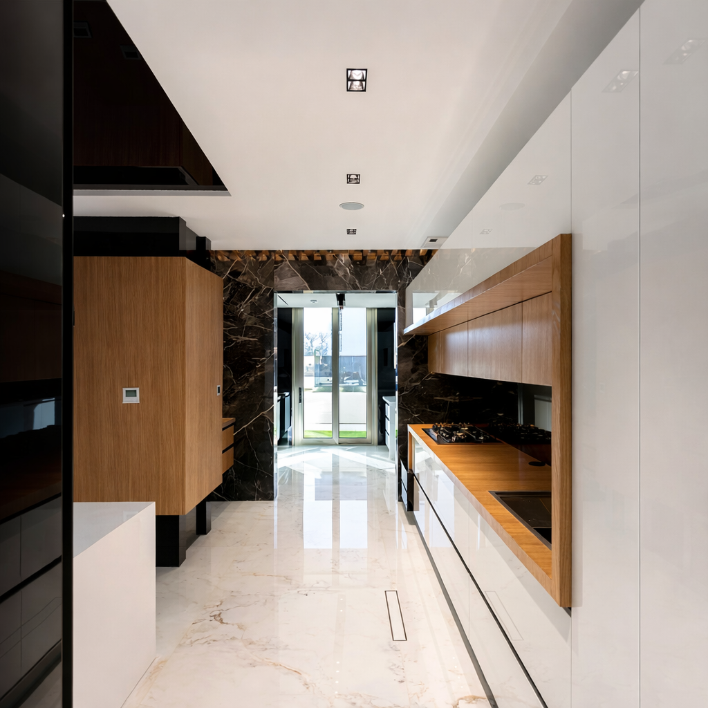 Luxury galley kitchen with integrated appliances, wood accents, and minimalist cabinetry in a modern residential interior by ReArt.