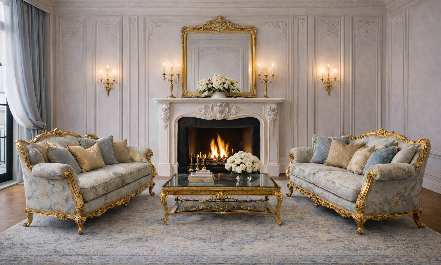 Formal classic living room with carved stone fireplace, symmetrical seating arrangement, gilded furniture, elegant wall moldings, and warm ambient lighting.