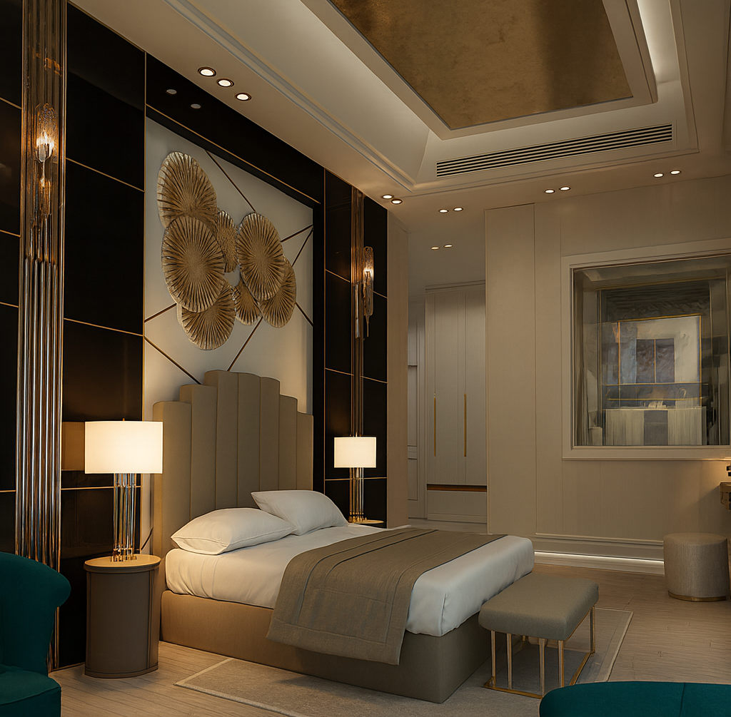 Luxury primary bedroom with custom black and gold feature wall, sculptural wall art, layered lighting, and upholstered bed in a high-end residence.