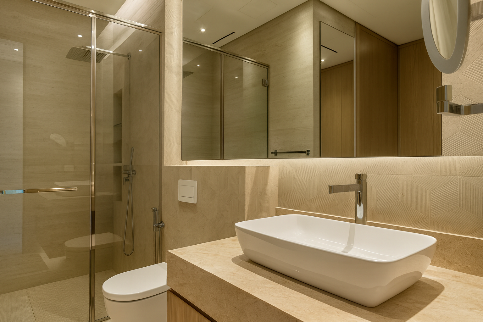 Minimal luxury residential bathroom with walk-in glass shower, stone surfaces, and custom vanity designed by ReArt.