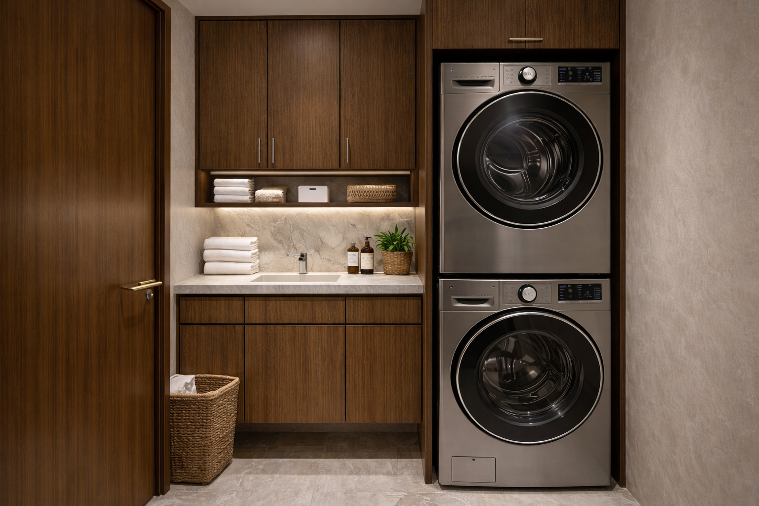 Custom laundry room designed with integrated wood cabinetry, built-in appliances, concealed storage, and functional modern detailing.