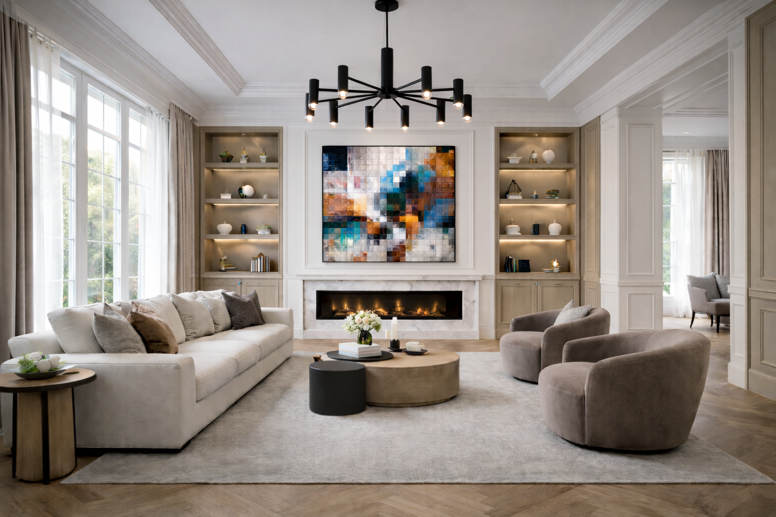Modern classic living room with custom built-in shelving, a marble fireplace, contemporary artwork, soft neutral seating, and layered lighting creating a refined and balanced residential interior.