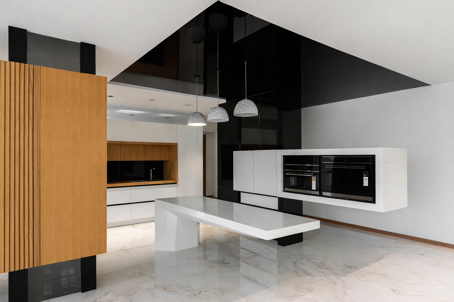 Luxury modern kitchen with black glass feature ceiling, sculptural pendant lights, and custom island designed by ReArt.